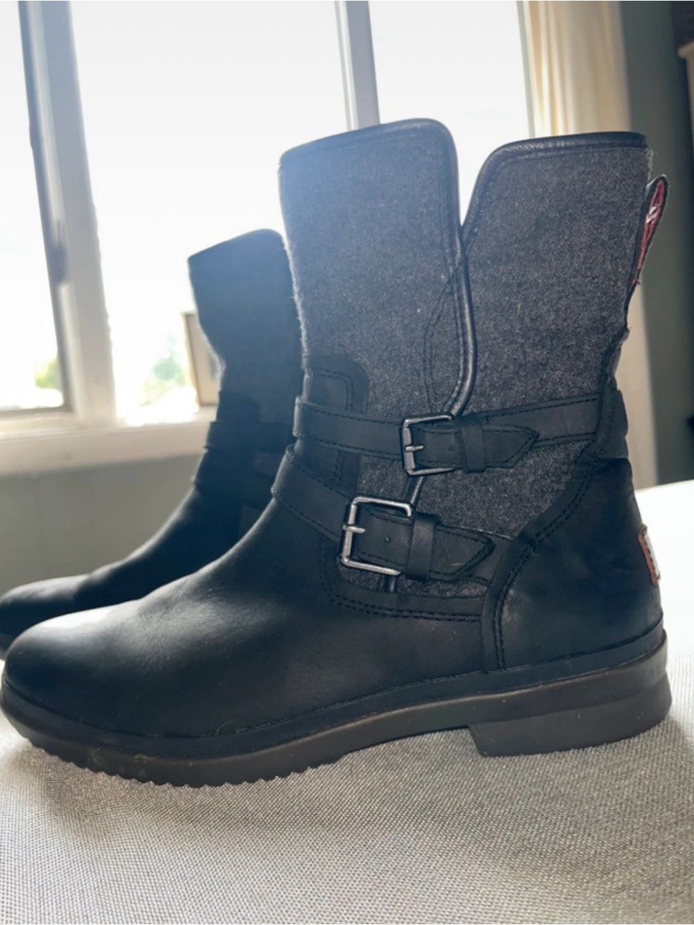 UGG Women's Black Leather & Gray Felt Buckle Ankle Boots